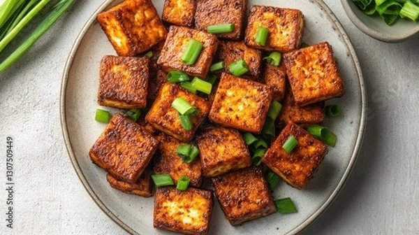 Fototapeta A top-down view of a plate of crispy salt and pepper tofu garnished with chopped green onions.