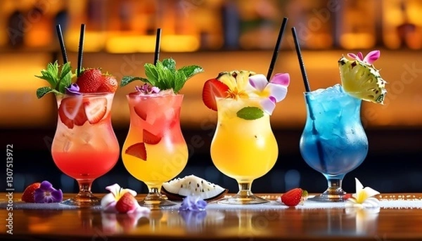 Fototapeta Vibrant cocktails served at a trendy bar colorful drink display lively atmosphere close-up view refreshing beverage concepts