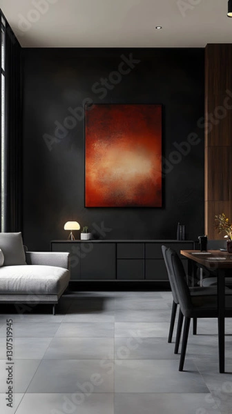 Obraz A modern, minimalist-style living room features a sofa and coffee table combination in a black and gray color scheme
