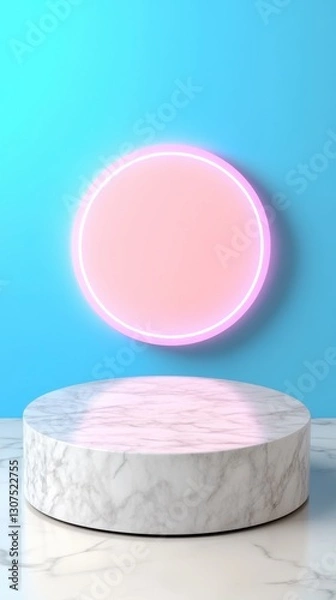 Fototapeta White marble cylindrical podium with pink neon circle light on a light blue background. Minimalist product display scene.