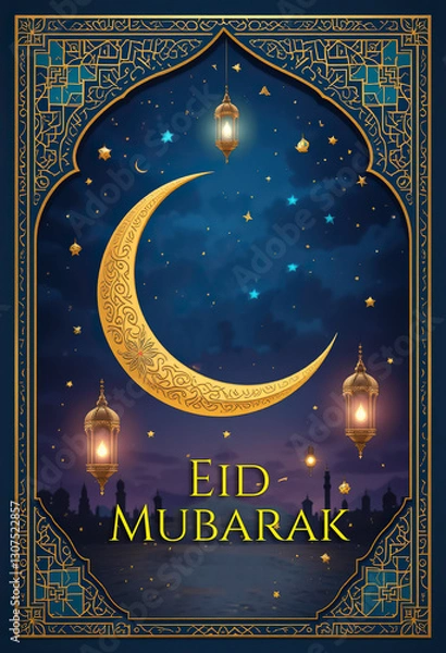 Obraz Eid Mubarak Greeting Card Vector illustration, Traditional Islamic Wallpaper, Festive, using generative ai