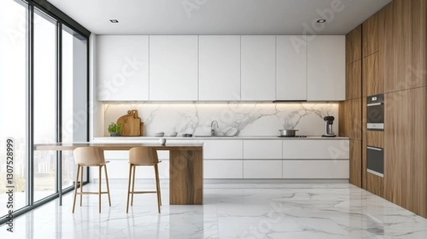 Fototapeta Sleek kitchen with white cabinets and wood accents, featuring marble flooring and walls.