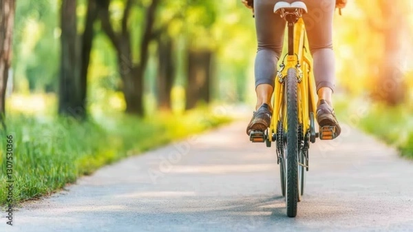 Obraz Green transportation concept. A person rides a yellow bicycle on a scenic path surrounded by trees during daylight.