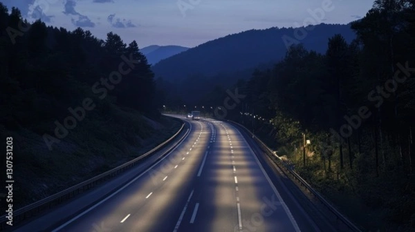 Obraz Empty Highway Winding Through Mountainous Forest at Dusk