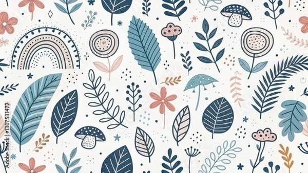 Fototapeta a delightful, seamless pattern features various plant elements, mushrooms and a rainbow