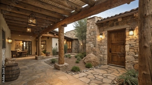 Fototapeta a stunning exterior of a home in a rustic style, featuring stone walls and wooden accents 