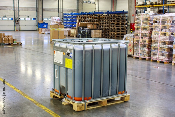 Fototapeta Hazardous goods storage. A large container filled with liquid is placed on a wooden pallet in a spacious warehouse. Shelves and stacks of packaged goods are visible in the background.