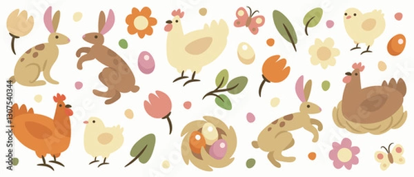 Fototapeta Set of hand drawn cartoon happy easter elements isolated on white background. Vector illustration of easter eggs, easter cake, chiken, hen, bunny, nest, flowers
