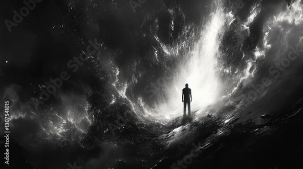 Fototapeta Man Stands at Cosmic Cliff, Seeking Light, Dramatic Clouds