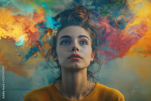 Fototapeta A teen with blue smoke swirling around, symbolizing inner thoughts, calm, and mental clarity, with a serene expression, promoting youth mental health awareness in an abstract, soothing environment.