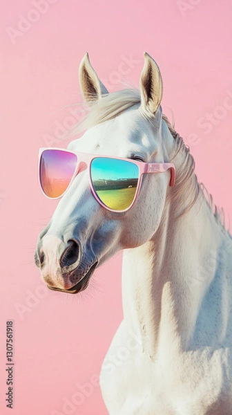 Fototapeta White horse wearing pink sunglasses against a pink background, showcasing a stylish and playful concept, ideal for fashion or summer themes