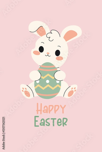 Fototapeta Vector Happy Easter card. Cute white happy Bunny sitting with green egg on a pink background.