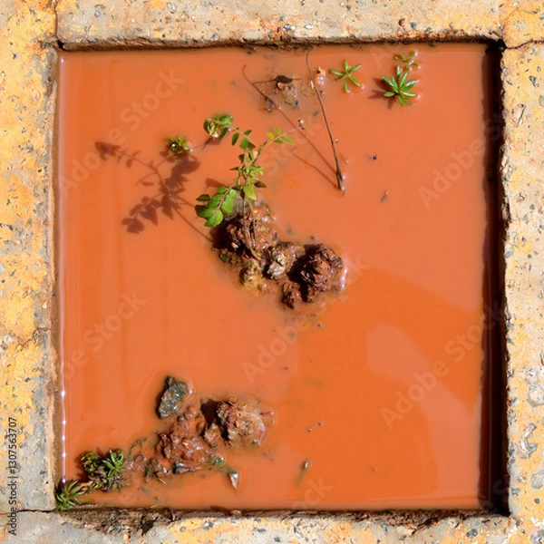 Fototapeta A square pit filled with muddy, reddish-brown water contains several small clumps of soil and sparse green plants.