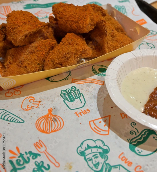 Obraz A serving of golden-brown, crispy momos in a rectangular cardboard tray, displayed on a colorful, graphic-printed paper featuring illustrations of onions, fries, and a chef. 