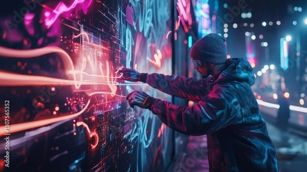 Fototapeta Street artist spray painting futuristic graffiti on interactive wall in cyberpunk city. Generative ai illustrations