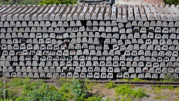 Fototapeta Stacked concrete railway sleepers arranged in a large pile. Each sleeper has a rectangular shape with internal metal reinforcements visible at the ends, creating patterned cutouts.