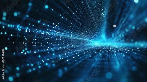 Fototapeta Futuristic digital data stream with blue abstract light trails. Big data and machine learning