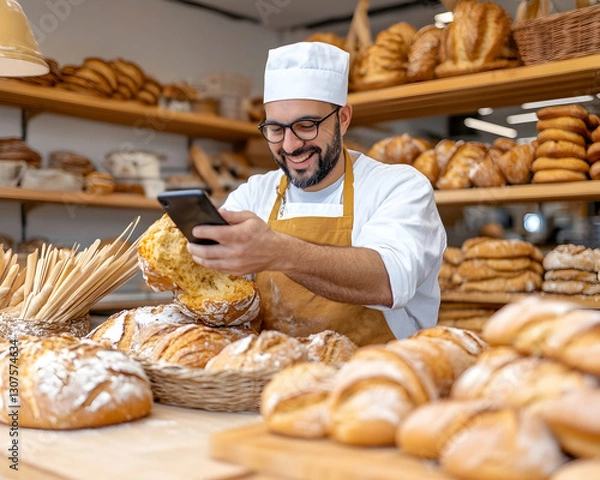 Fototapeta Baker photographs artisan bread, showcasing bakery's product online, in a warm setting