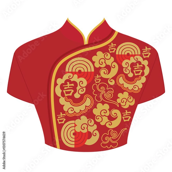 Fototapeta Gold and red traditional chinese dress women's with clouds and and symbols of happiness - qipao. The neckline - asian design. Vector clipart