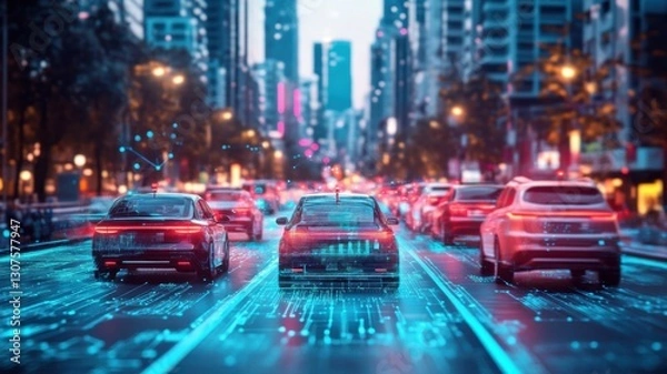 Fototapeta Futuristic city traffic with autonomous cars and digital overlay design. Big data and machine learning