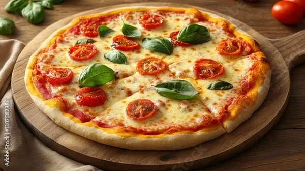 Fototapeta Appetizing Cheese Pizza with Cherry Tomatoes and Basil