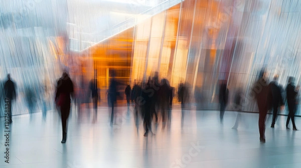 Fototapeta Contemporary art space lobby with motion-blurred figures