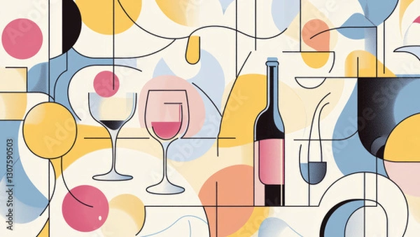 Fototapeta A vector illustration with artistic geometric shapes and minimalistic designs of wine glasses and bottles.