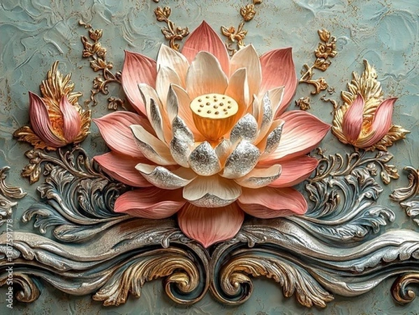 Fototapeta Elegant Pink And White Lotus Flower Sculpture, Luxurious Decorative Art Piece With Intricate Detailing, Symbolizing Serenity And Tranquility In A Beautiful Space