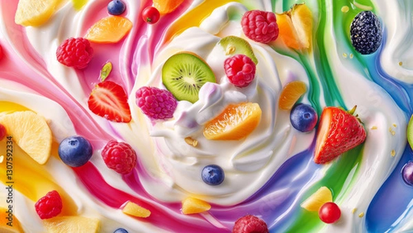 Fototapeta A vibrant and colorful depiction of yogurt swirling with different fruits and textures in a dynamic composition.