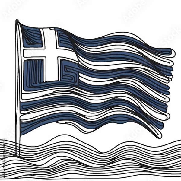 Fototapeta Continuous one-line drawing of the Greece flag waving, abstract lines forming the striped pattern.