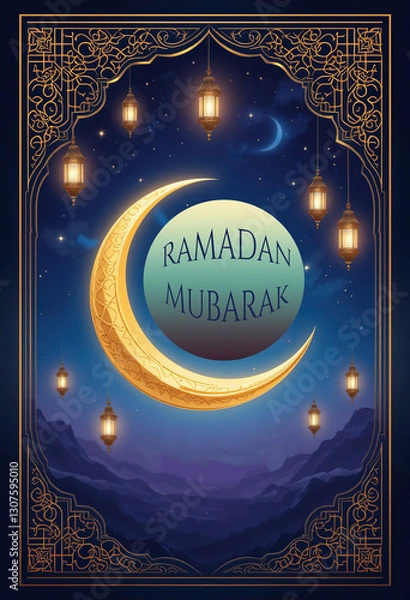 Obraz Ramadhan Kareem Greeting Card Vector illustration, Crescent and Lantern Template, Festive, using generative ai