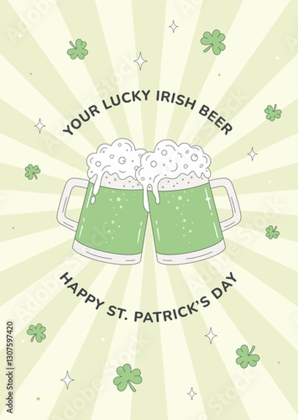 Fototapeta St Patrick's Day poster, greeting card in retro style. Two clinking mugs full of green Irish beer. Shamrocks, symbol of holiday. 