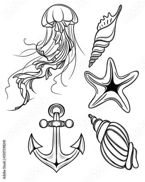 Obraz Large set of beautiful marine stickers - detailed Line Art design. templates for printing stickers and textiles