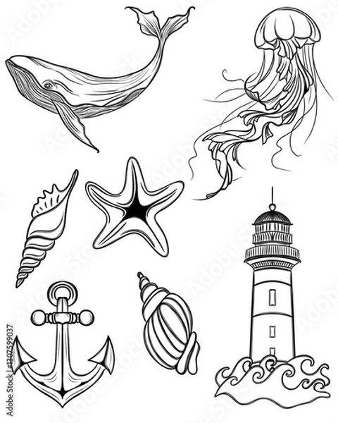 Obraz Large set of beautiful marine stickers - detailed Line Art design. templates for printing stickers and textiles