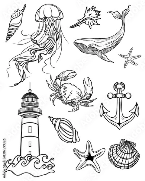 Obraz Large set of beautiful marine stickers - detailed Line Art design. templates for printing stickers and textiles