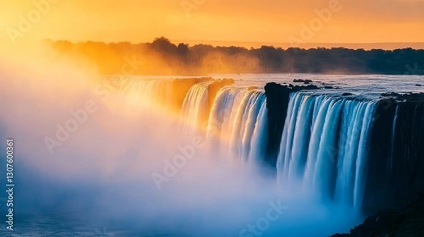 Fototapeta Majestic waterfall cascading under a vibrant sunset with mist rising and lush trees in the background