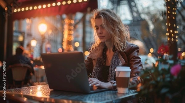 Obraz Freelancer works on laptop at a bustling cafe beside the Eiffel Tower during a vibrant evening