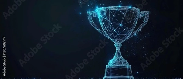 Fototapeta Low-poly trophy cup with blue glowing lines connecting the dots on a dark background.