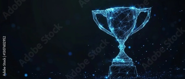 Fototapeta Low-poly trophy cup with blue glowing lines connecting the dots on a dark background.