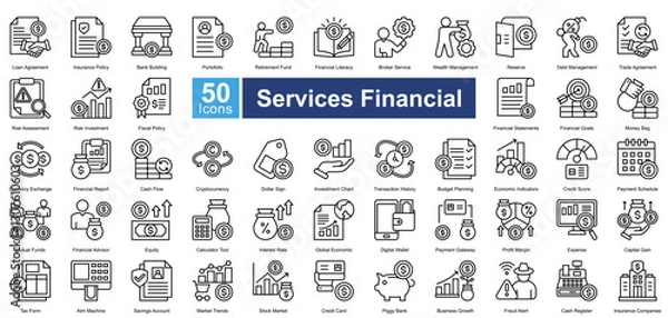 Fototapeta Services Financial icon set in line style, featuring 50 icons of banking, investment, insurance, and financial planning. Perfect for fintech, business reports, and economic analysis.