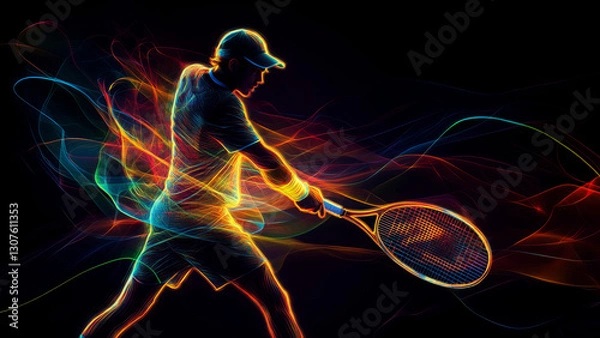Fototapeta Abstract digital art of a tennis player hitting a fast-moving ball
