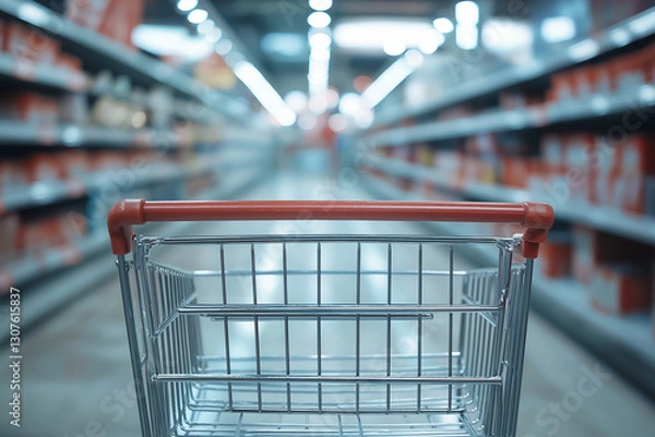 Fototapeta World Consumer Day, Empty Shopping Cart, Grocery Aisle, Bright Lights, Symbolizing Consumer Choices, Commerce, and Retail Access