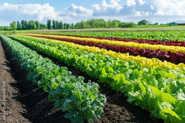 Fototapeta Vibrant Rows of Fresh Lettuce in Colorful Fields Under a Blue Sky with Fluffy Clouds