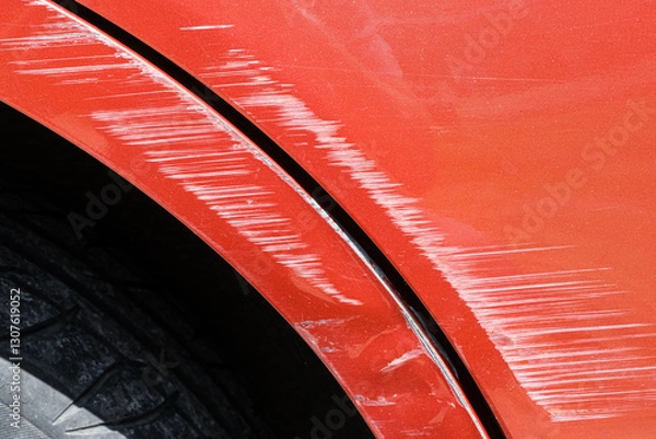 Fototapeta Close up of a red car with multiple visible scratches and paint damage The scratches expose the underlying metal, creating a contrast against the glossy surface. Perfect for automotive damage concepts