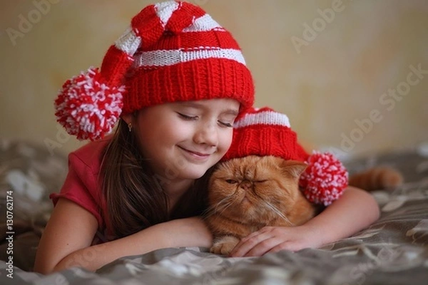 Fototapeta the girl with the cat in the hats Santa Claus