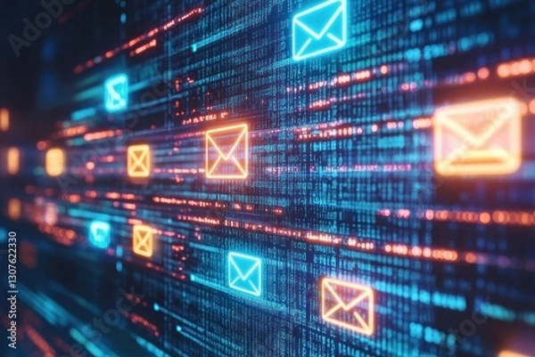Obraz Abstract Digital Background with Colorful Mail Icons and Data Streams for Communication Themes