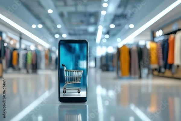 Fototapeta Smartphone Displaying Shopping Cart in Modern Retail Store with Stylish Clothing in Background