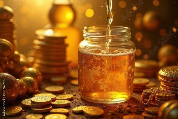 Fototapeta Jar is full of honey and coins on table