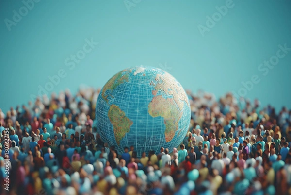 Fototapeta Globe Resting on Crowd of People, Blue Earth, Unity Concept, Diverse Figures, Serene Blue Background, Global Community, Hopeful Collective Vision