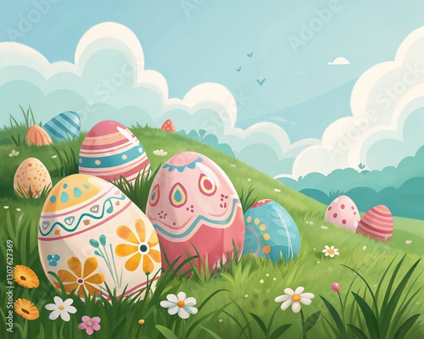 Obraz Easter eggs On a background of Green grass and Blue sky with clouds